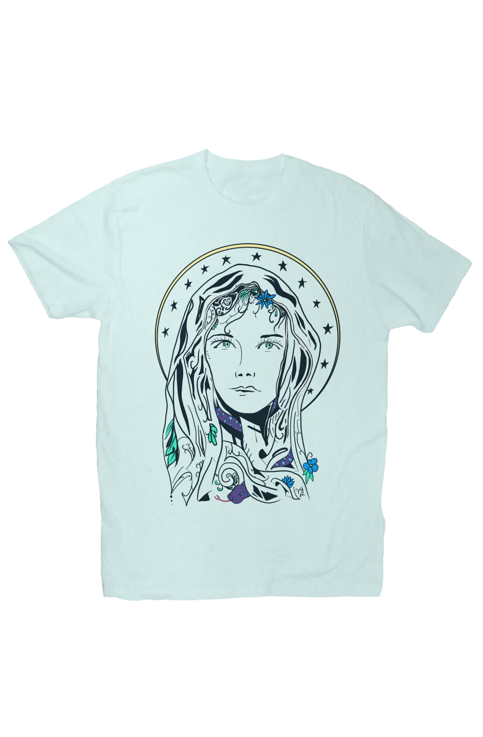 Light blue T-shirt with large graphic of Mary on front