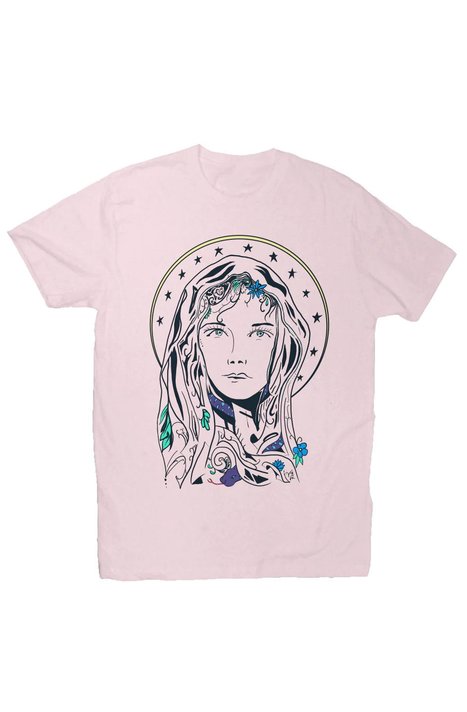 Pink T-shirt with large graphic of Mary on front
